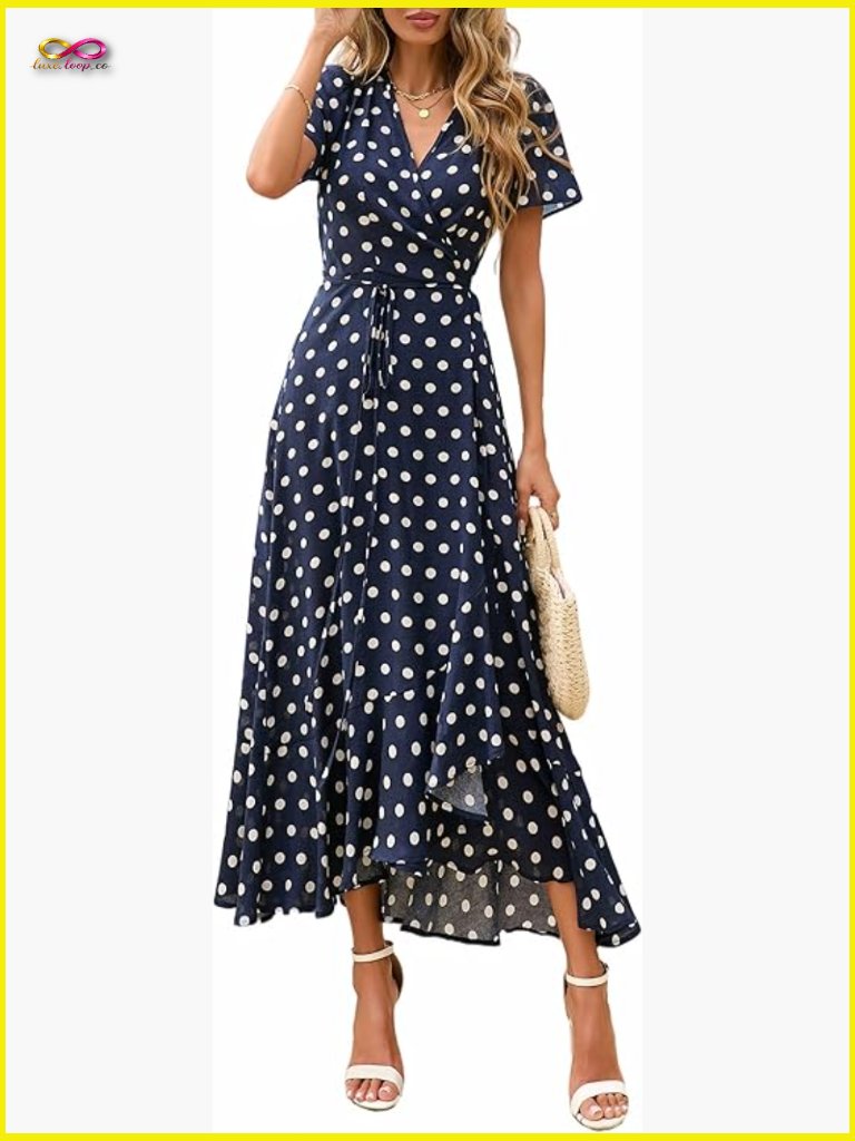 Boho Floral Maxi Dress Wrap V-Neck Short Sleeve Flowy Beach Wedding Guest